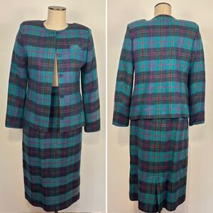 VTG Prestige of Boston Womens 8 Blazer Skirt Suit Set Wool Silk Blend Plaid